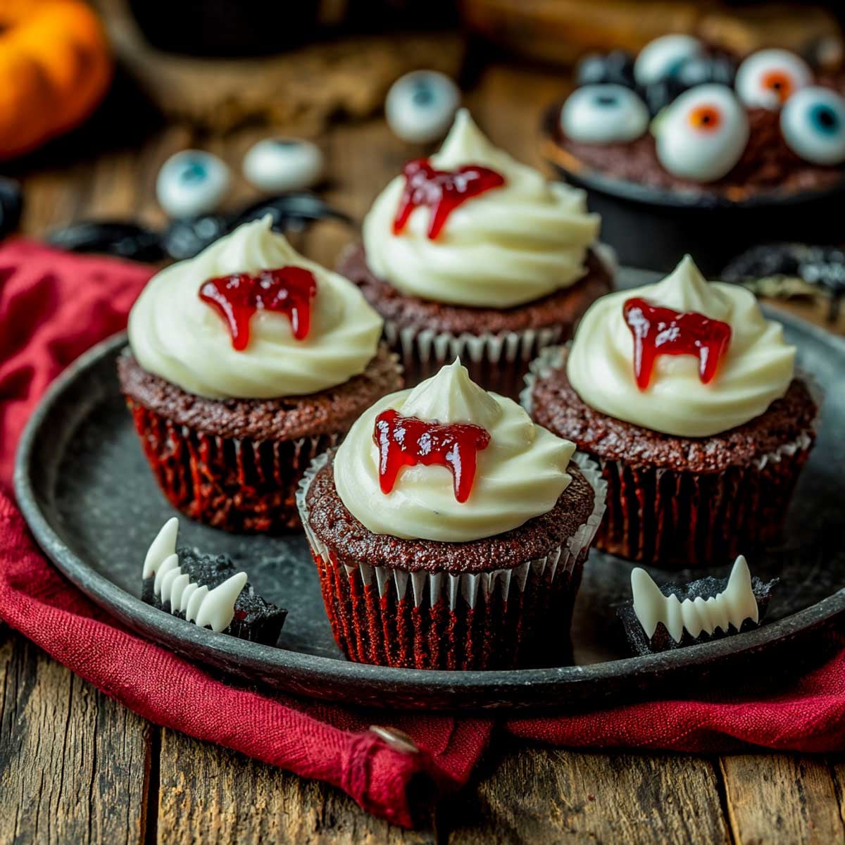 Halloween vampire bite cupcakes with cream cheese frosting and dripping red jam.