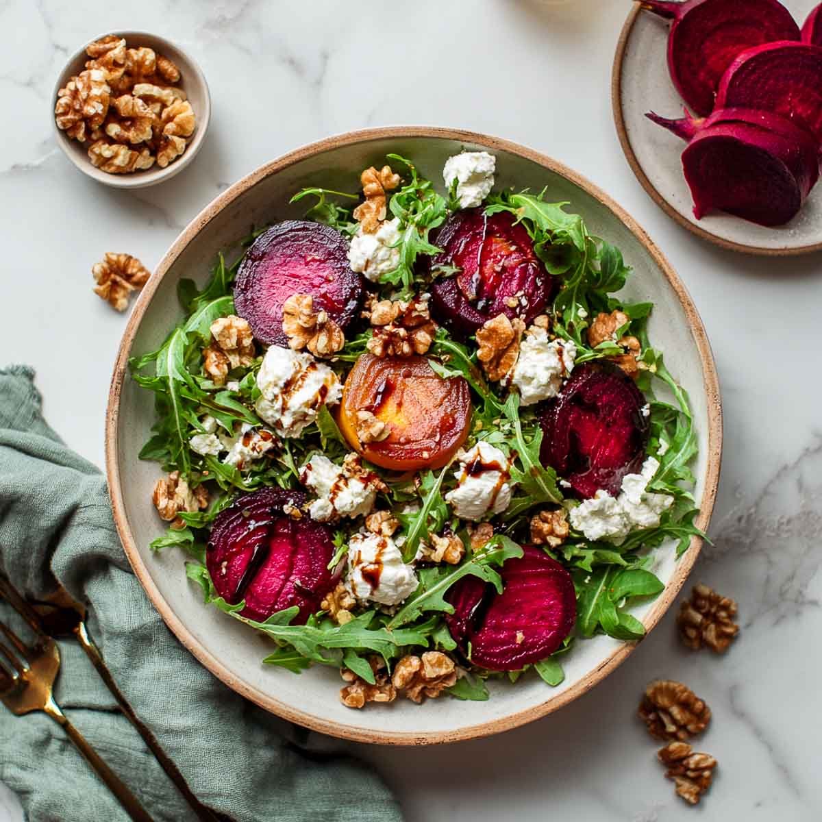 Salad with thin sliced roasted beets, cottage cheese, walnuts, and arugula.