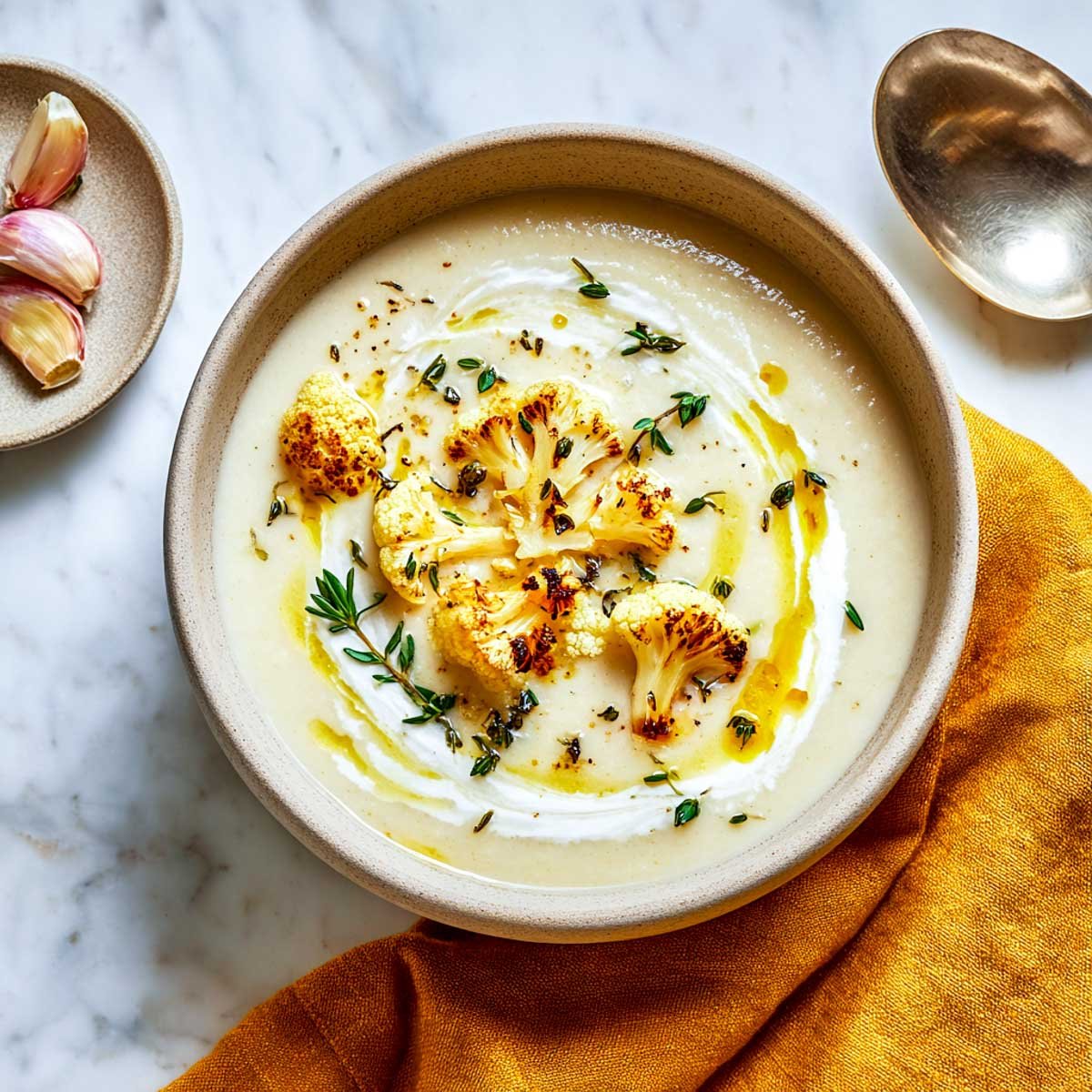 Roasted garlic and cauliflower soup in a beige bowl, garnished with roasted cauliflower florets.