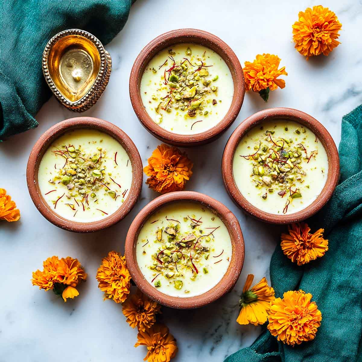 Four clay pots of saffron pistachio phirni surrounded by marigold flowers.