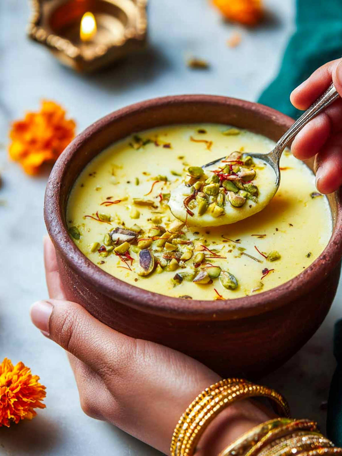Hand holding a clay pot of saffron pistachio phirni with a spoonful.