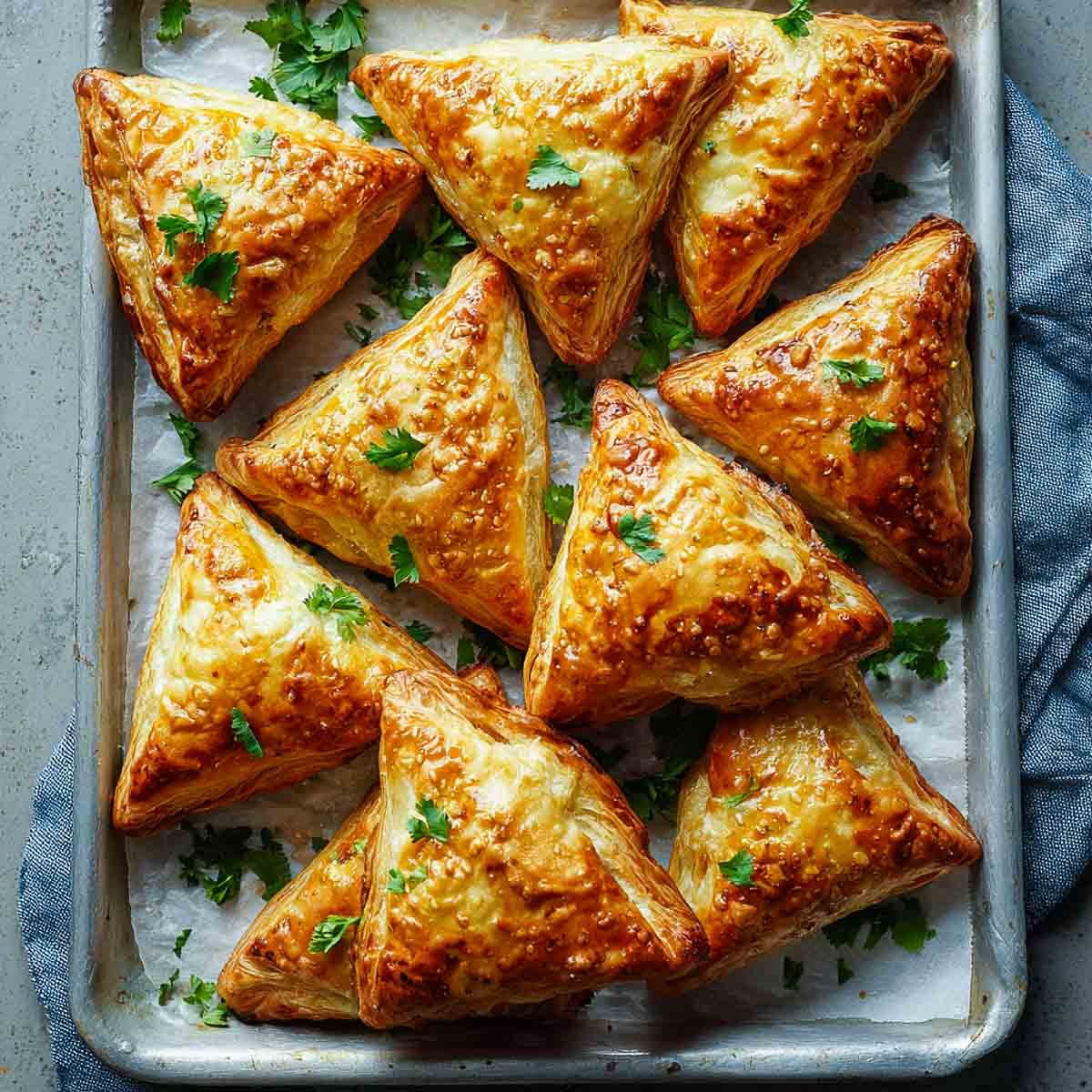 Freshly baked samosa puffs on a tray, with golden flaky layers.
