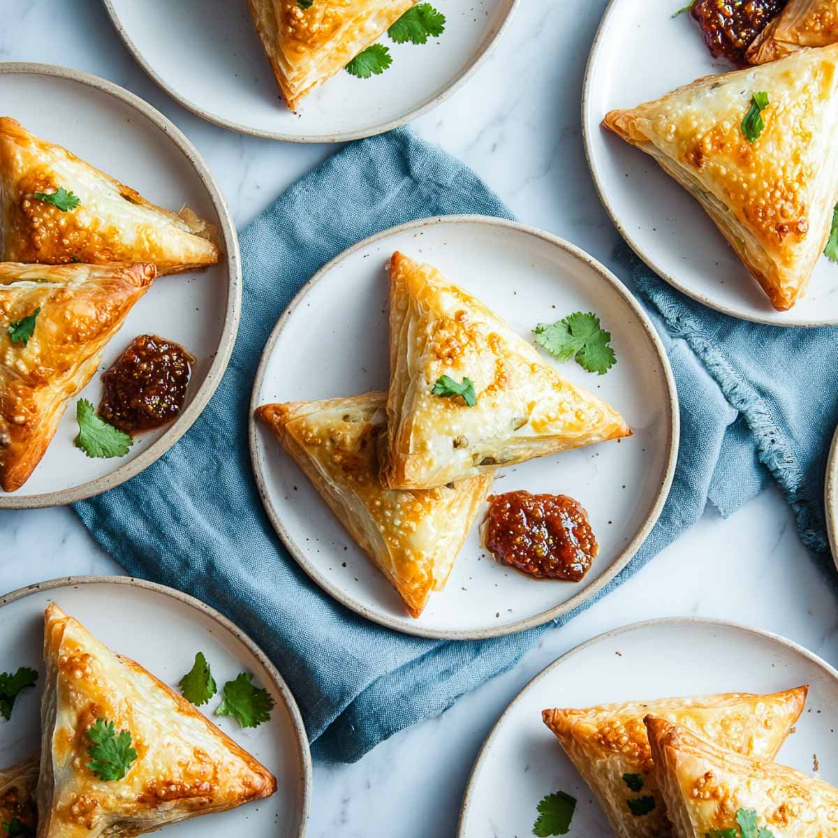 Crispy samosa puffs served on plates with a side of chutney.
