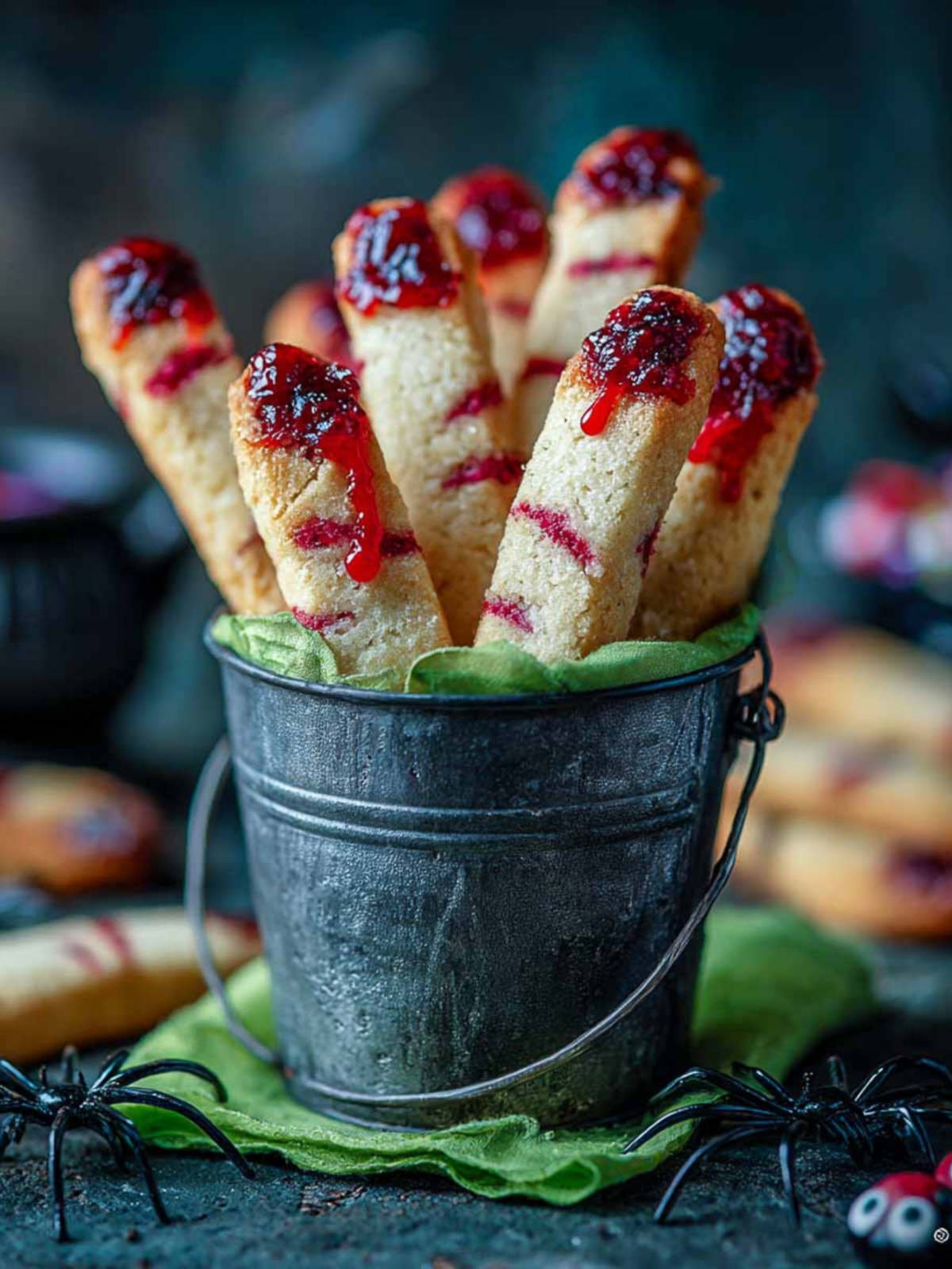 Scary bloody finger cookies with jam “blood” served in spooky setup.