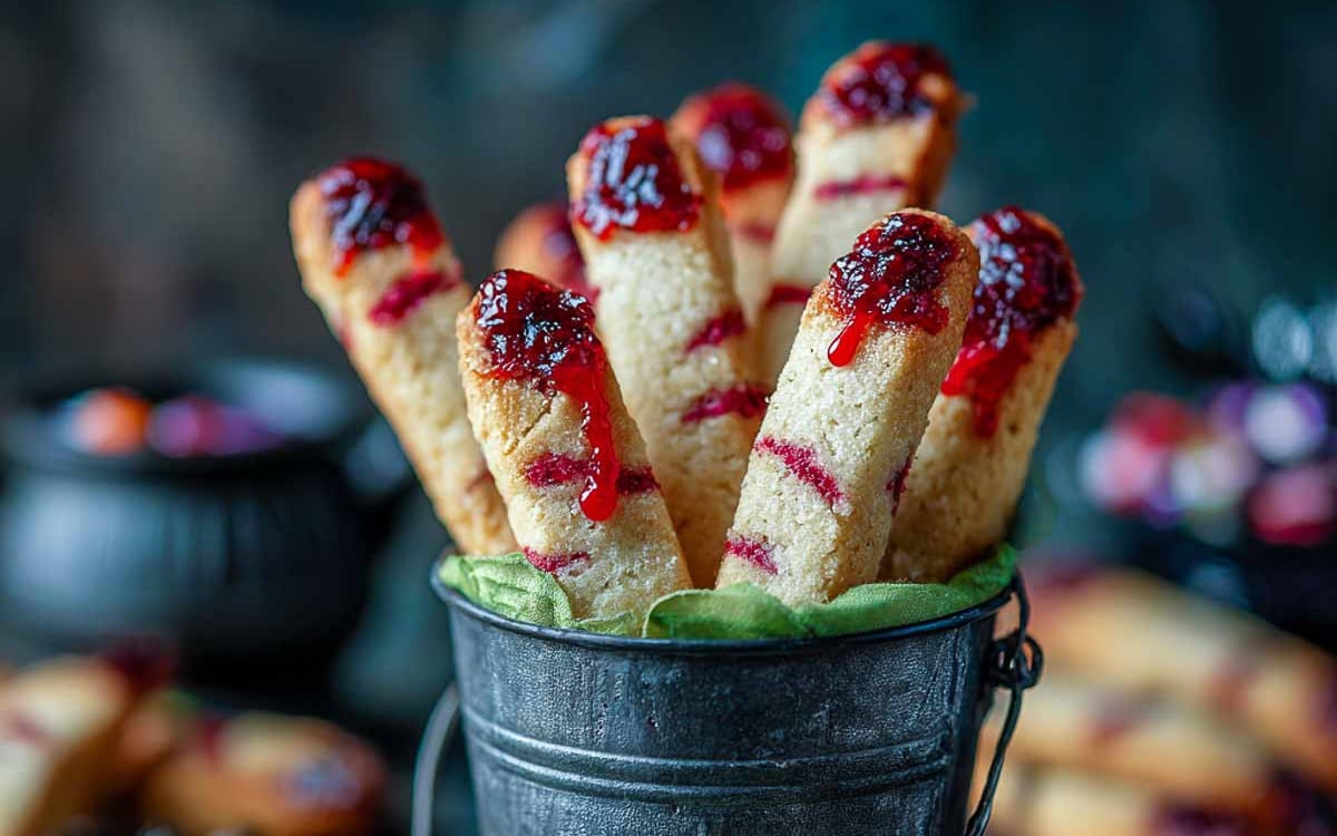 Close-up of scary bloody finger cookies decorated with red jam.