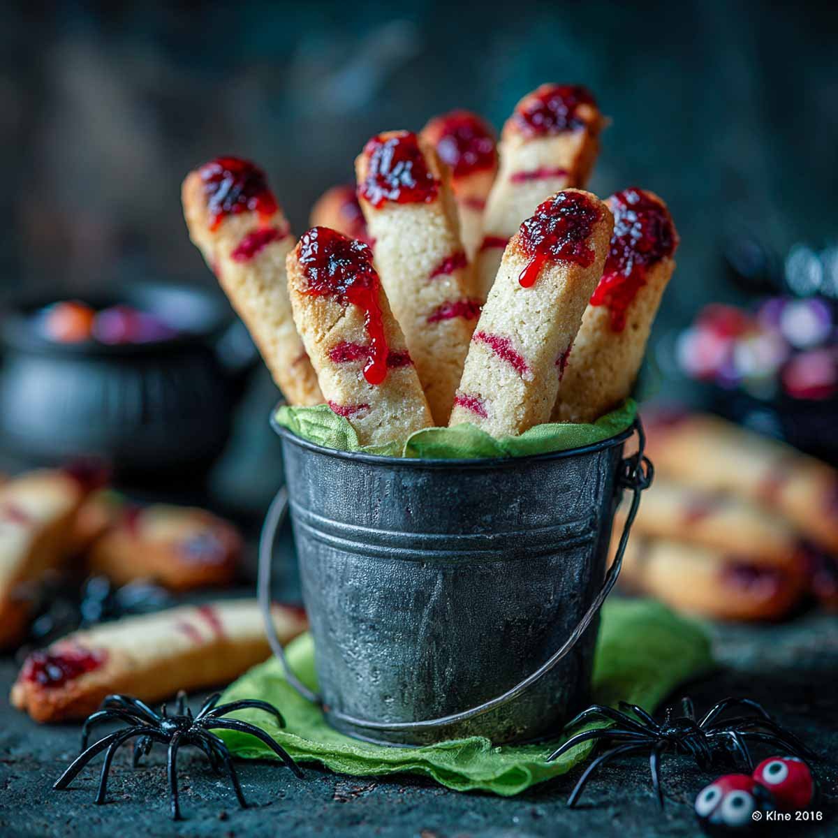 Side view of finger-shaped Halloween cookies in a bucket with jam nails.