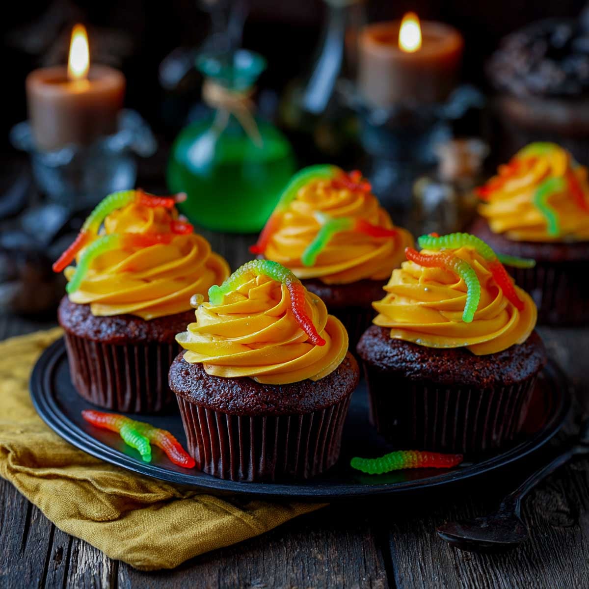 Chocolate cupcakes with orange frosting, gummy worms, and witchy Halloween props.