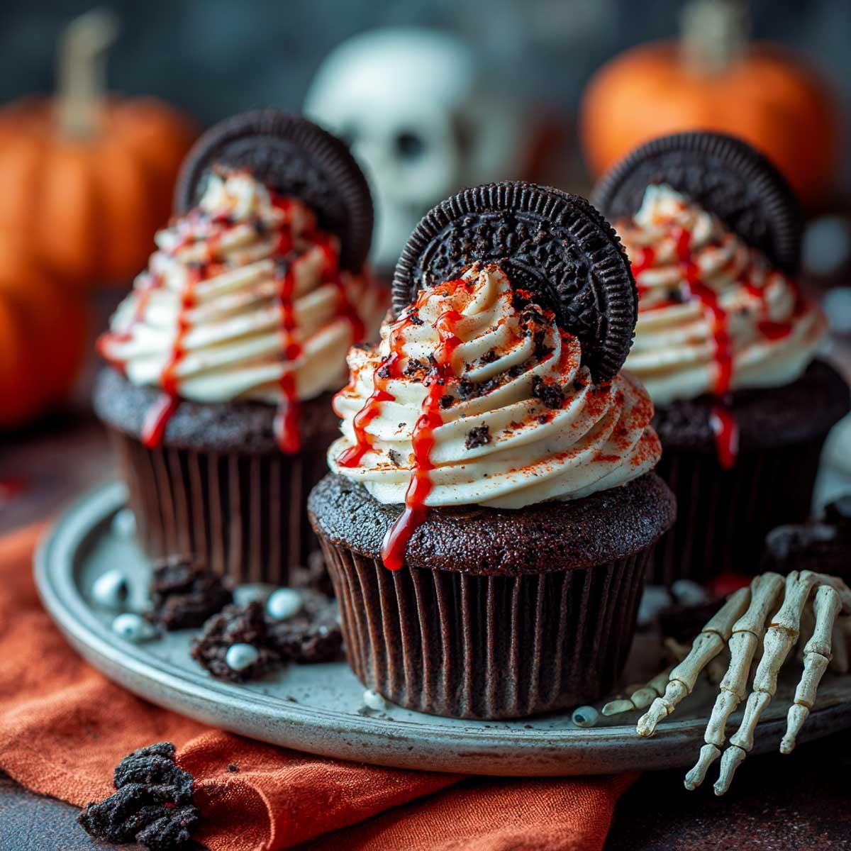 Chocolate Halloween Oreo cupcakes with white frosting, red gel drips, and Oreo toppers.