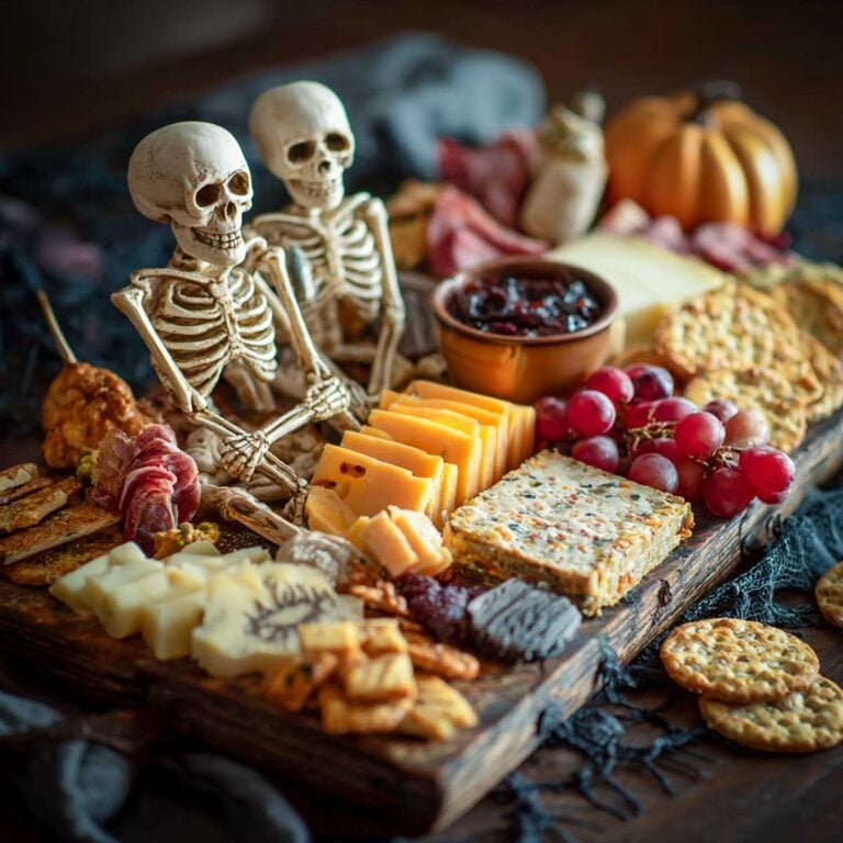 Halloween skeleton-themed charcuterie board with mini skeleton props, assorted cheeses, grapes, crackers, and dips on a rustic wooden board.