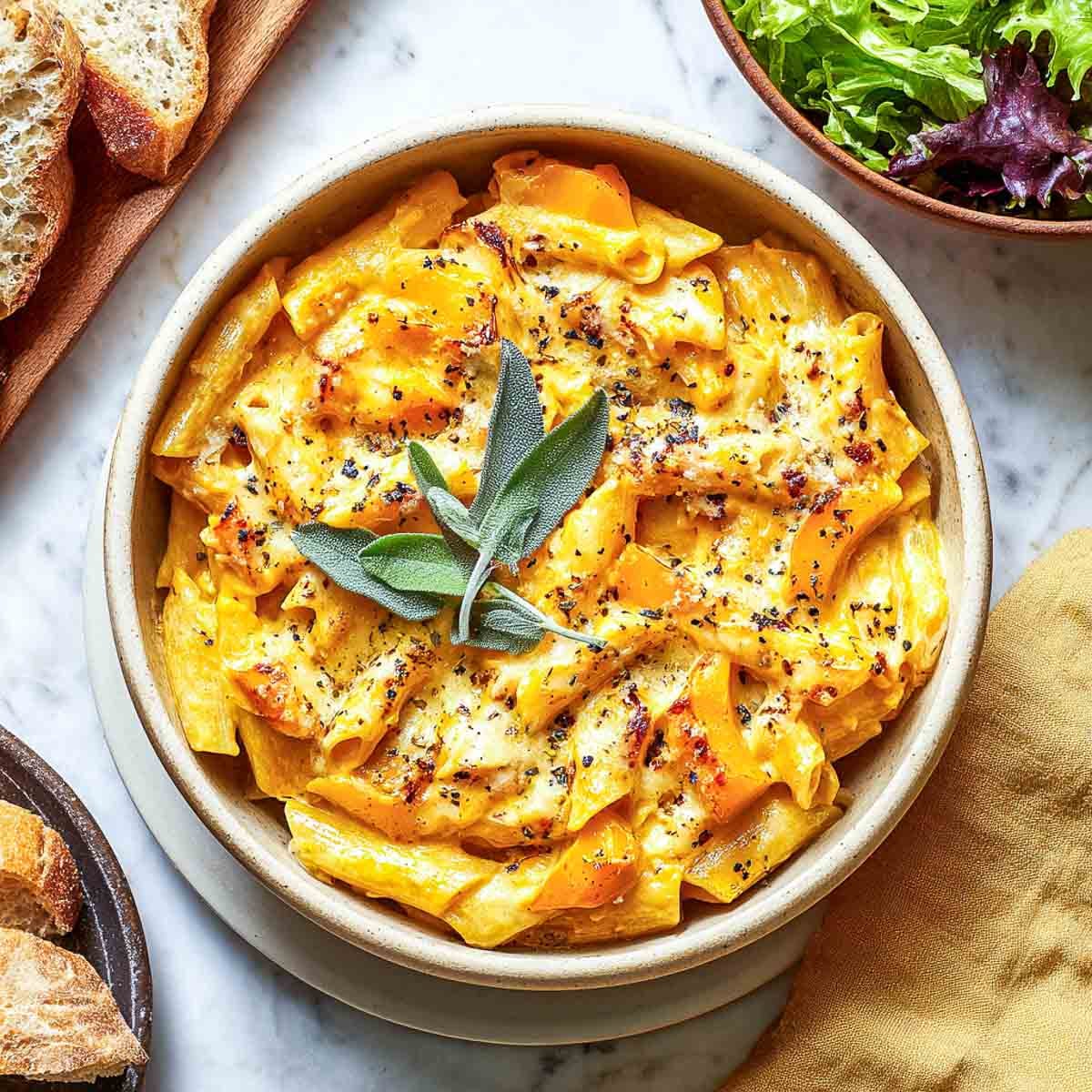 Creamy penne pasta with butternut squash and cottage cheese in a serving bowl.