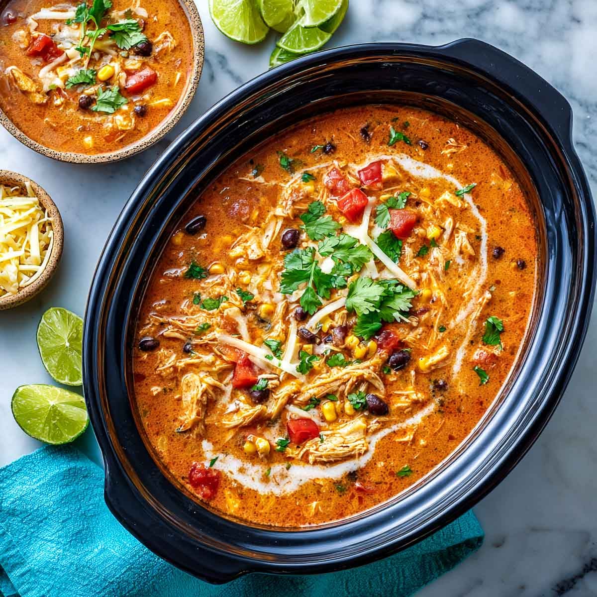 Chicken enchilada soup in beige bowl topped with tortilla strips and sour cream.