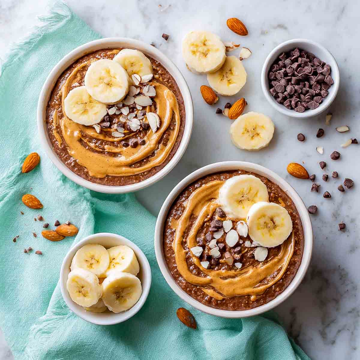 Two bowls of chocolate oats with almond butter, banana, and chocolate chips.