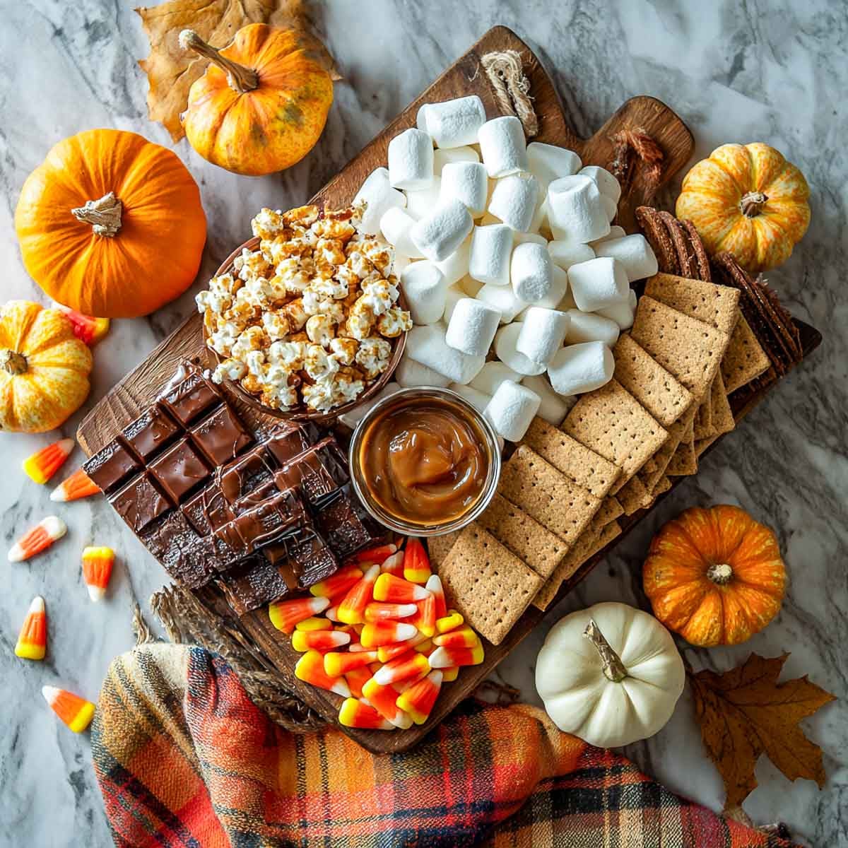 Halloween s’mores charcuterie board with graham crackers, large marshmallows, melted chocolate, caramel popcorn.