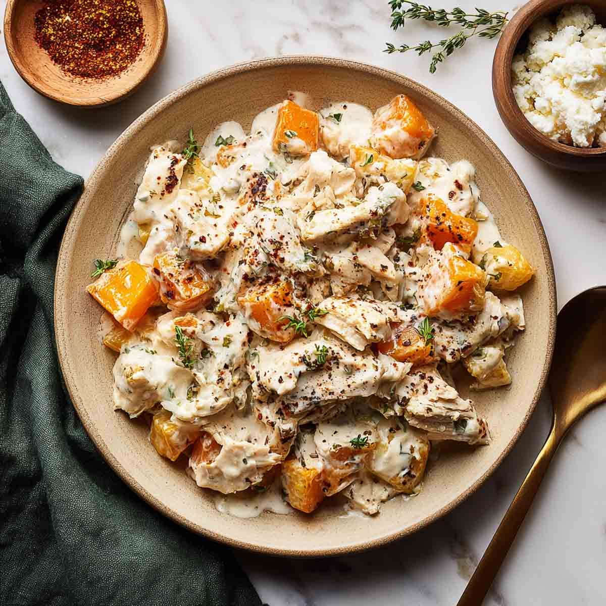 Shredded chicken and butternut squash topped with creamy cottage cheese sauce.