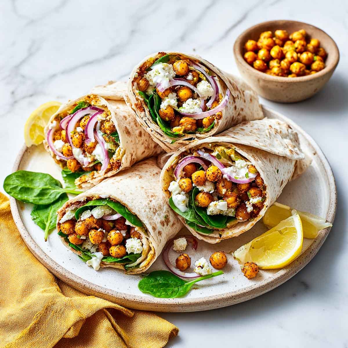 Slightly angled wraps with chickpeas, vegan cottage cheese, and spinach.