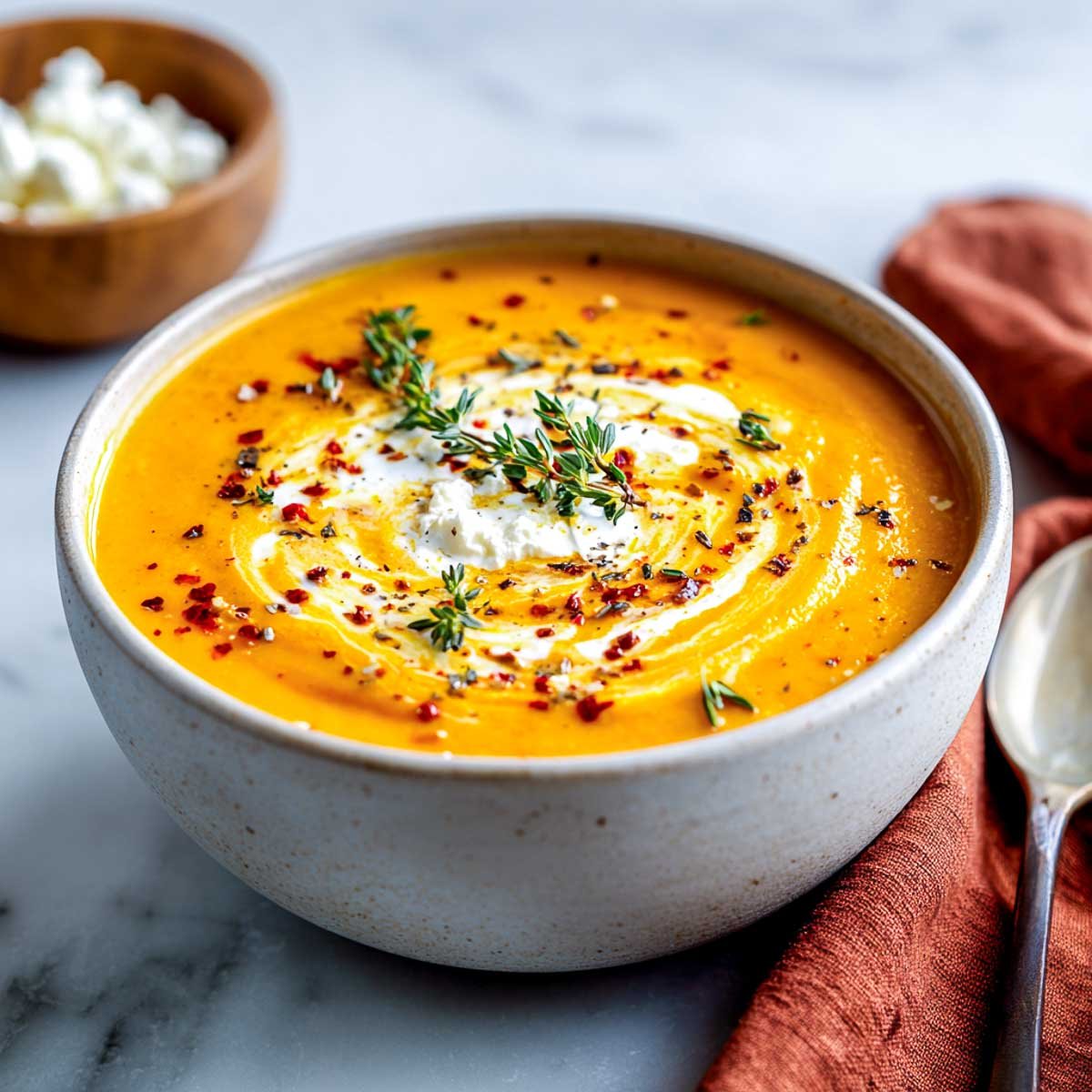 Sweet potato soup with chili flakes and thyme in a white bowl placed on a marble surface.