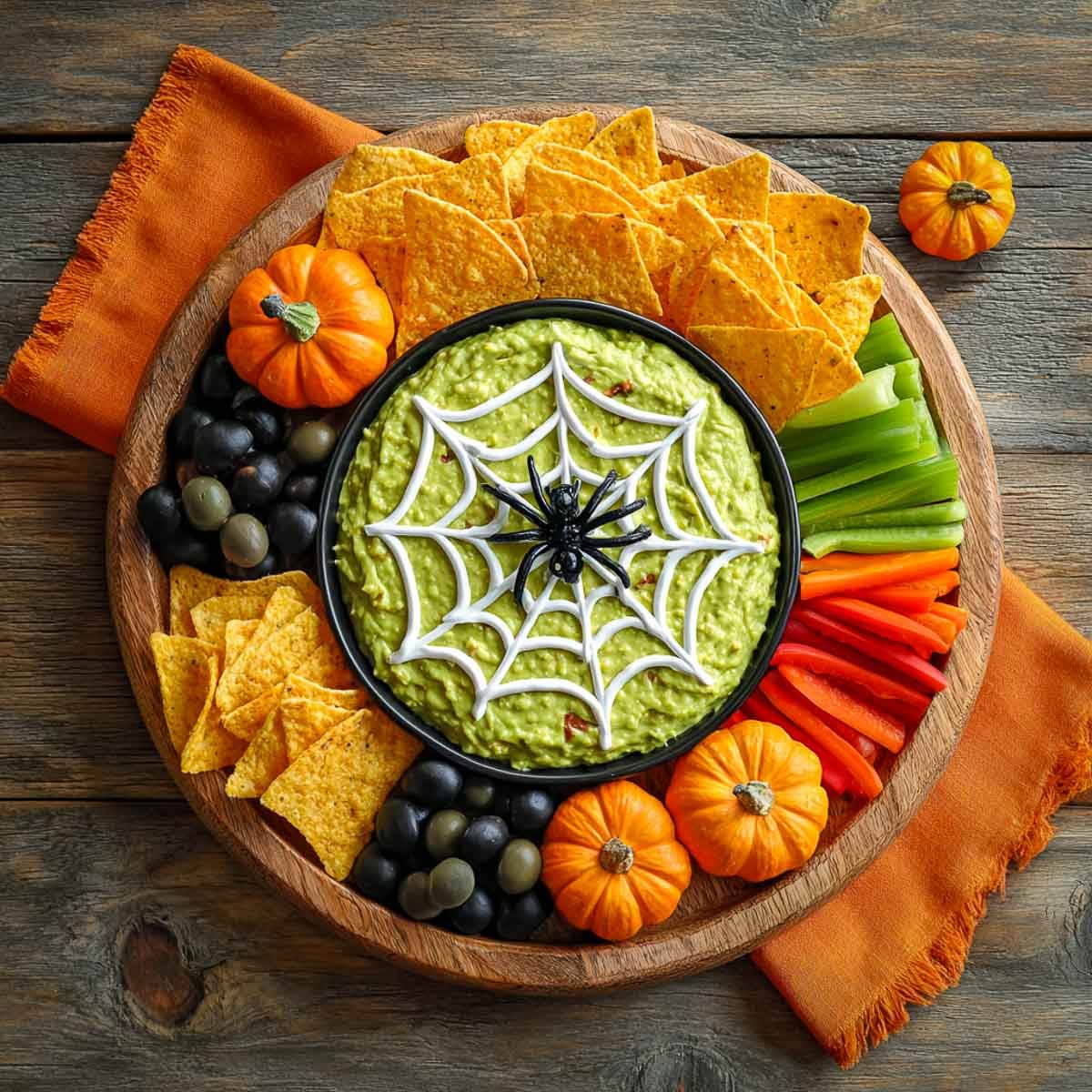 Halloween spider web guacamole dip with sour cream web, tortilla chips, olives, and fresh vegetables on a wooden board.