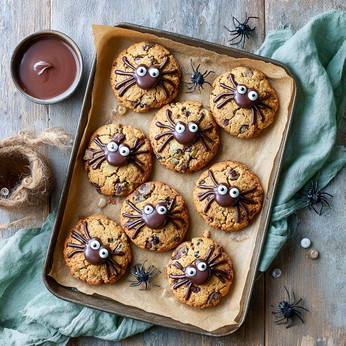 Freshly baked Halloween spider cookies on tray with chocolate for decorating.