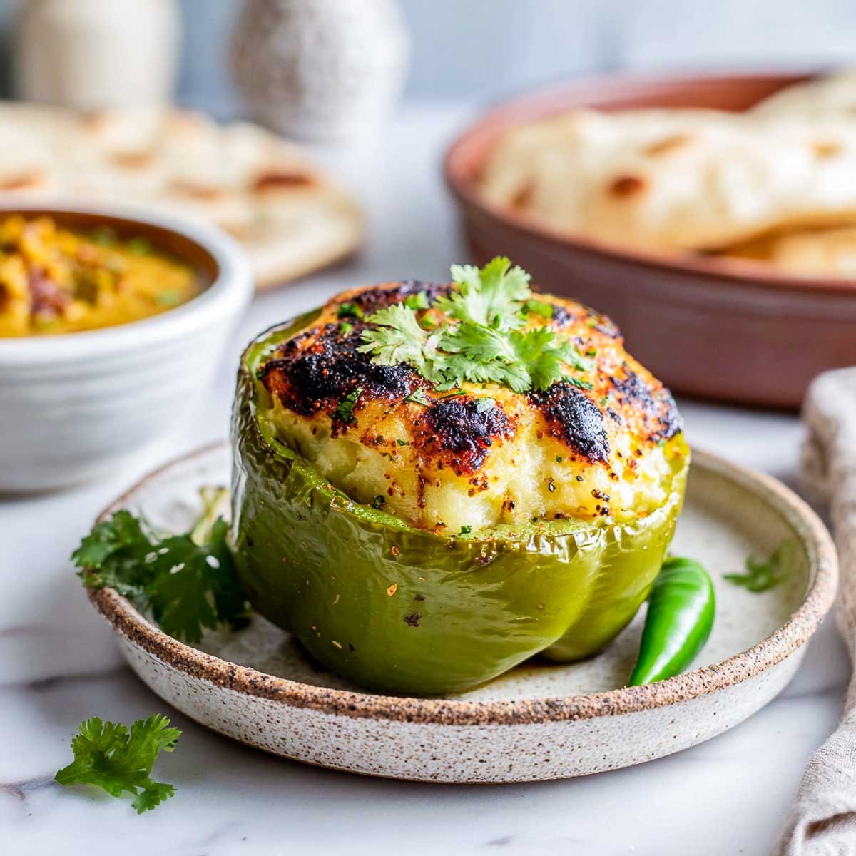 Close-up of a single green bell pepper stuffed with spiced mashed potatoes, charred on top, garnished with fresh cilantro, served on a small ceramic plate with a green chili on the side.