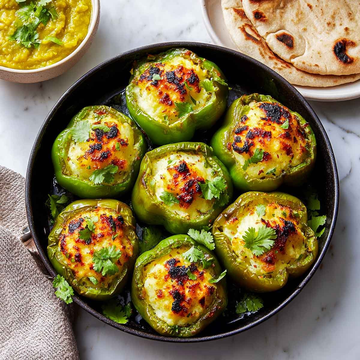 Black pan filled with several green bell peppers stuffed with golden, charred potato filling, garnished with fresh cilantro, with roti and dal in the background.