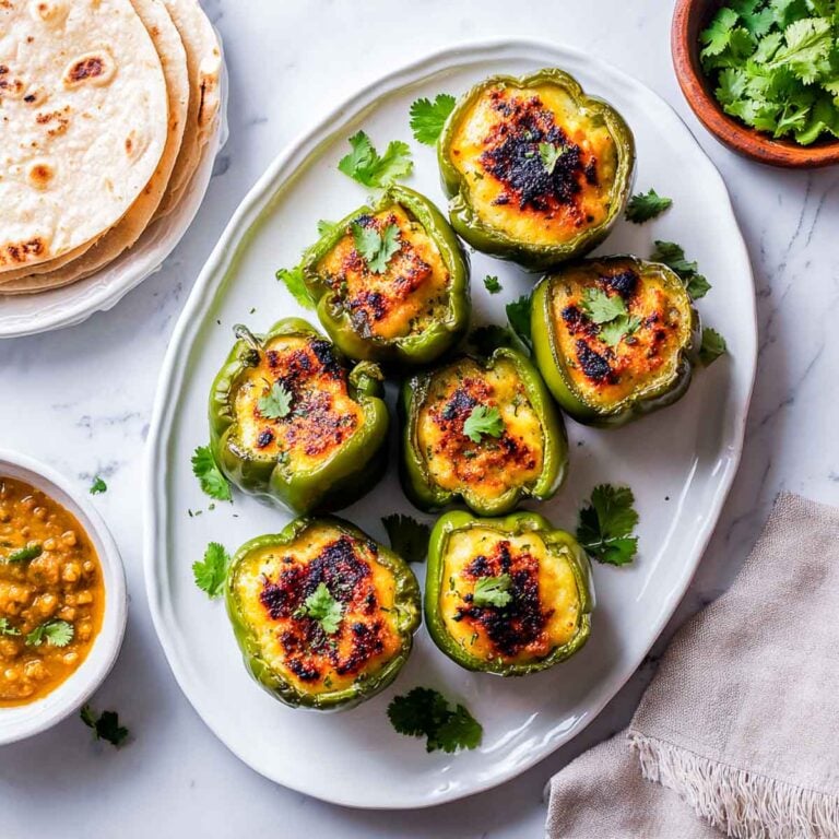 White platter with green bell peppers stuffed with spiced mashed potatoes, charred and garnished with cilantro, served with roti and a bowl of dal on the side.