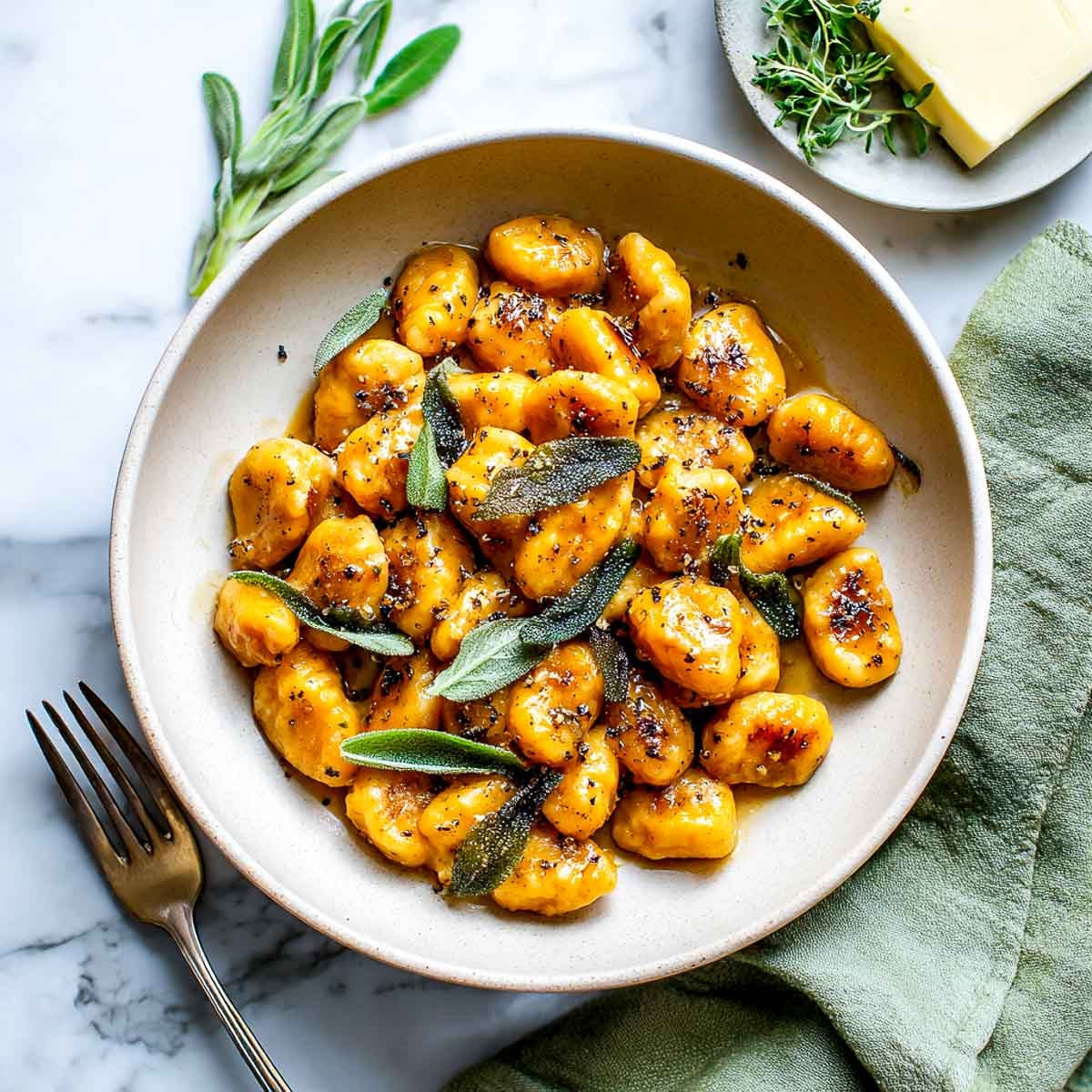 Bowl of vegan sweet potato gnocchi with browned sage butter and crispy sage leaves.