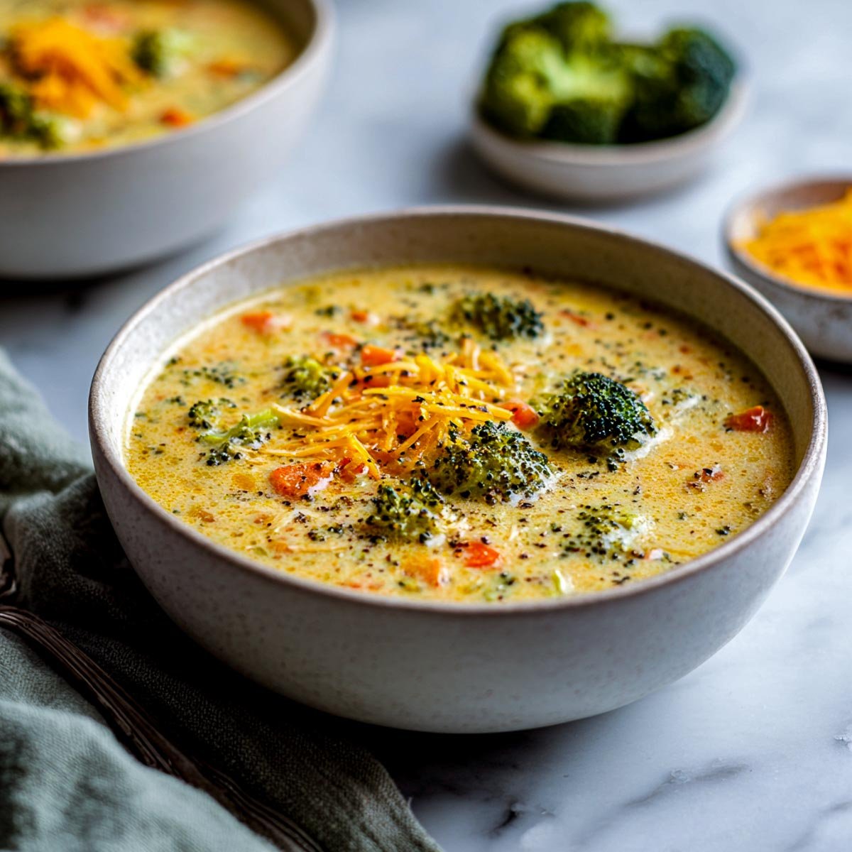 Creamy vegan broccoli cheddar soup with carrots and broccoli florets in a light bowl.