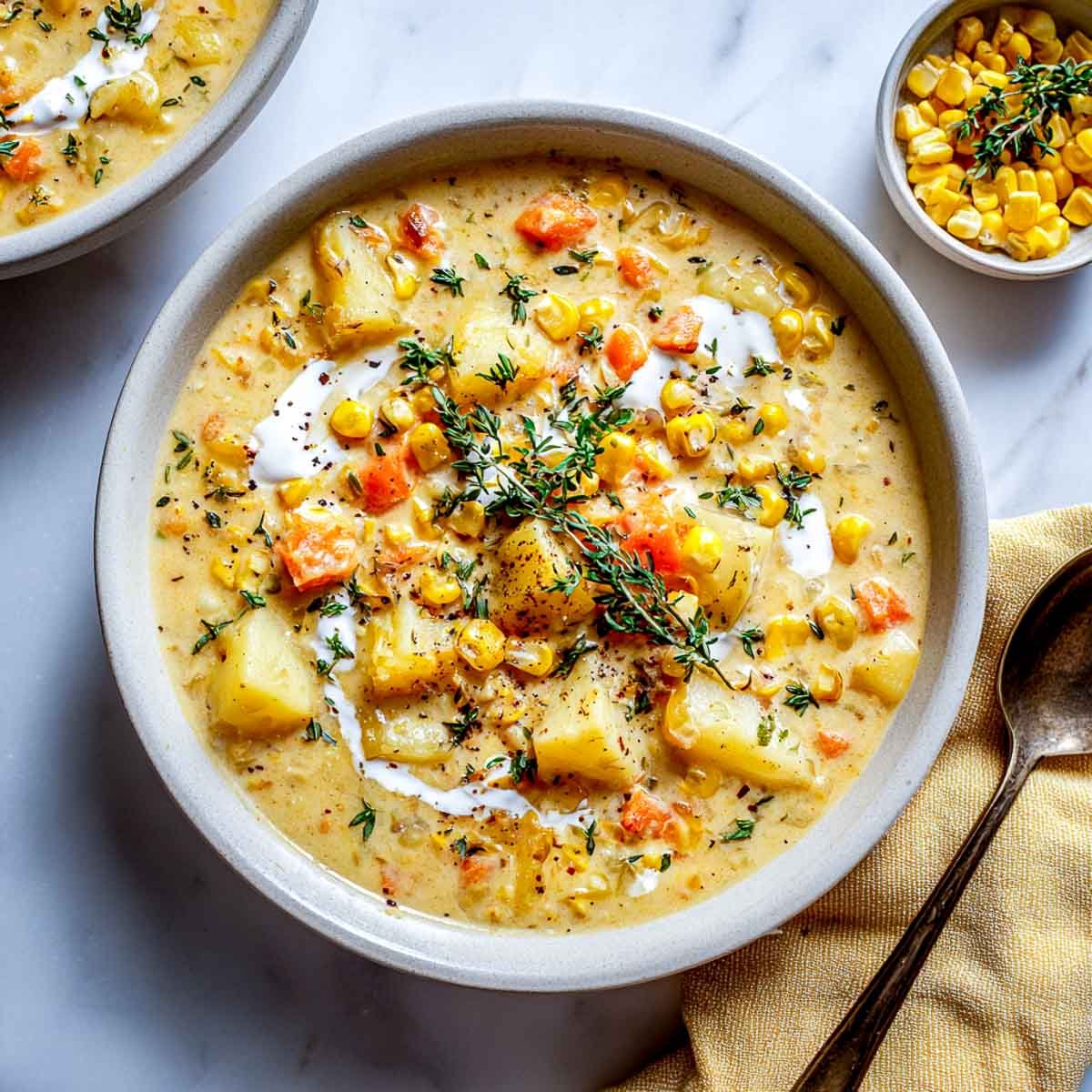 Bowl of creamy vegan corn chowder with potatoes, carrots, and thyme.