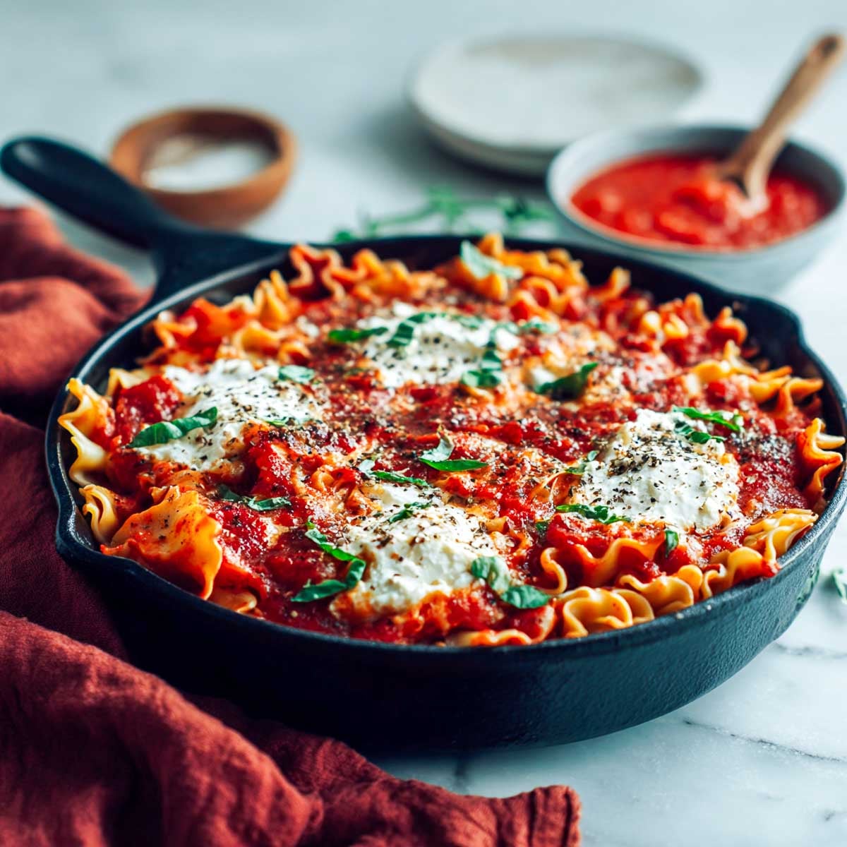Vegan lasagna skillet with tomato sauce and dairy-free cottage cheese in a cast iron pan.