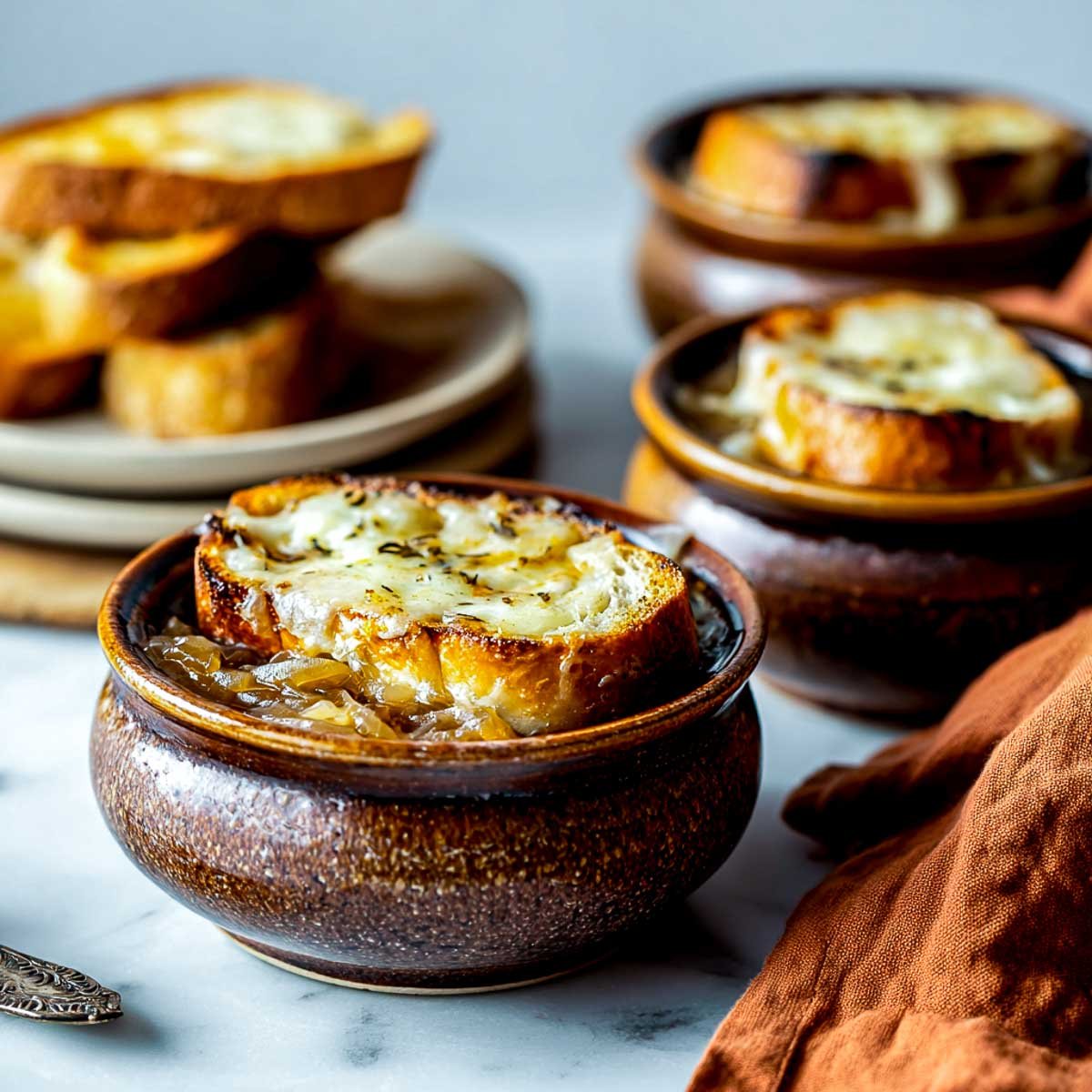 Rustic vegan French onion soup topped with toasted baguette and cheese.