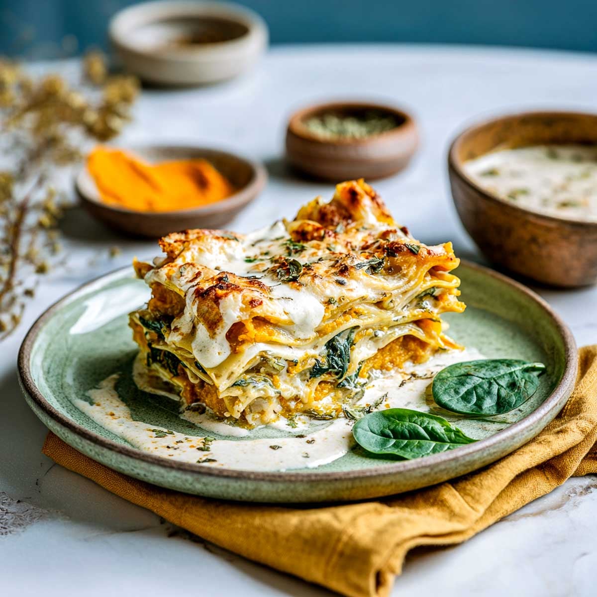 Slice of vegan pumpkin lasagna with spinach and creamy cashew sauce on plate.