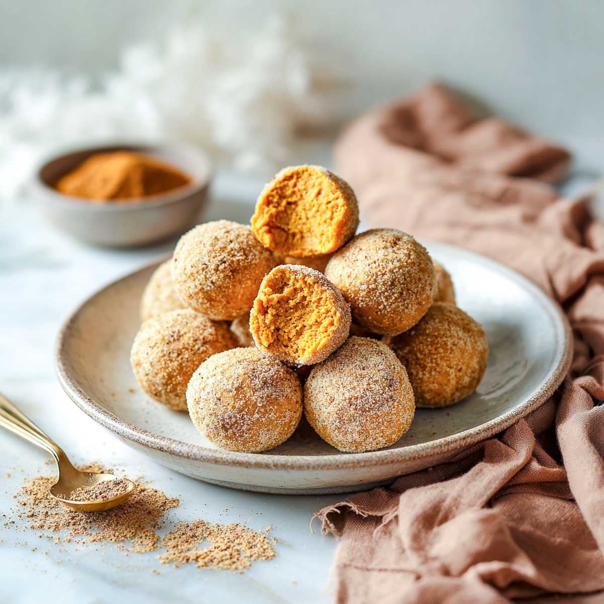 Pumpkin spice truffles coated in cinnamon sugar on a ceramic plate.
