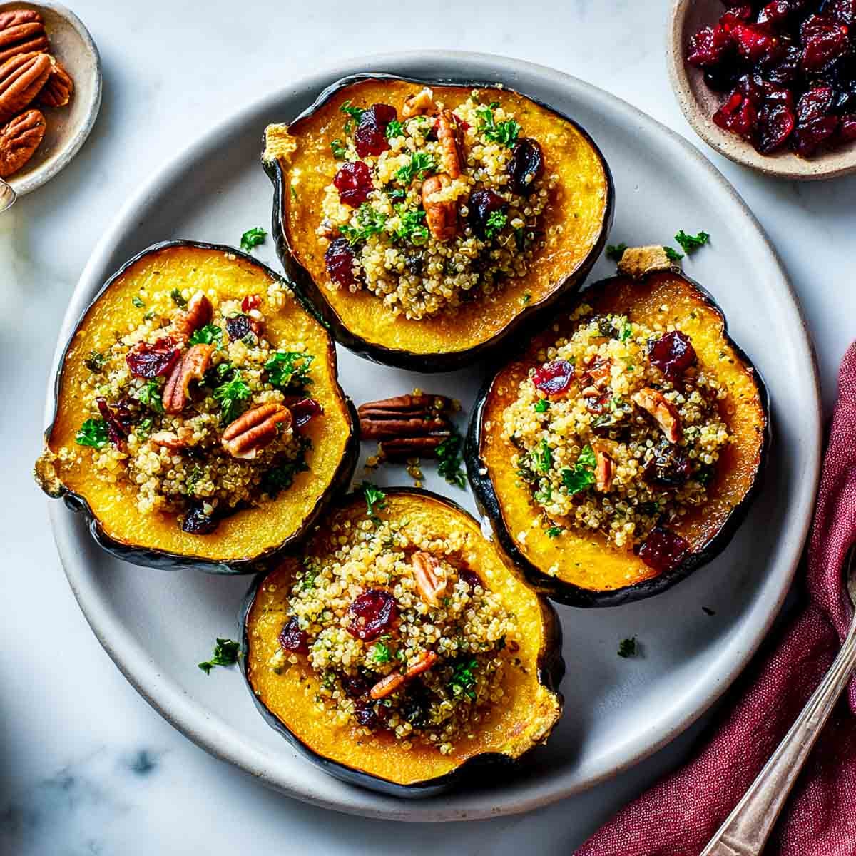 Roasted acorn squash halves filled with quinoa, cranberries, and pecans on plate.