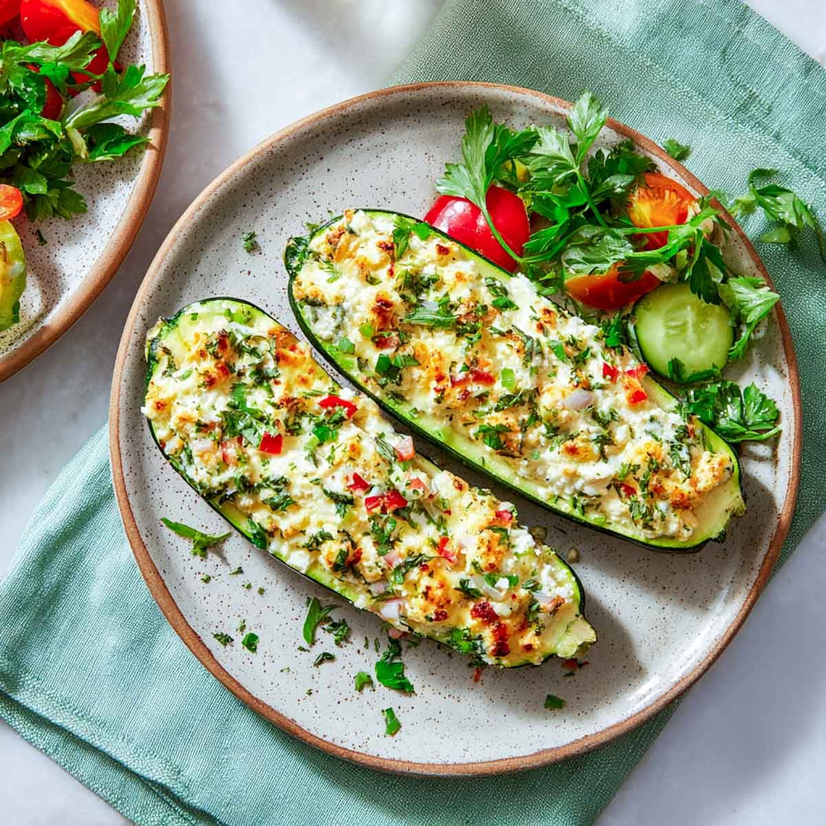 Two zucchini boats filled with cottage cheese and herbs on a ceramic plate.
