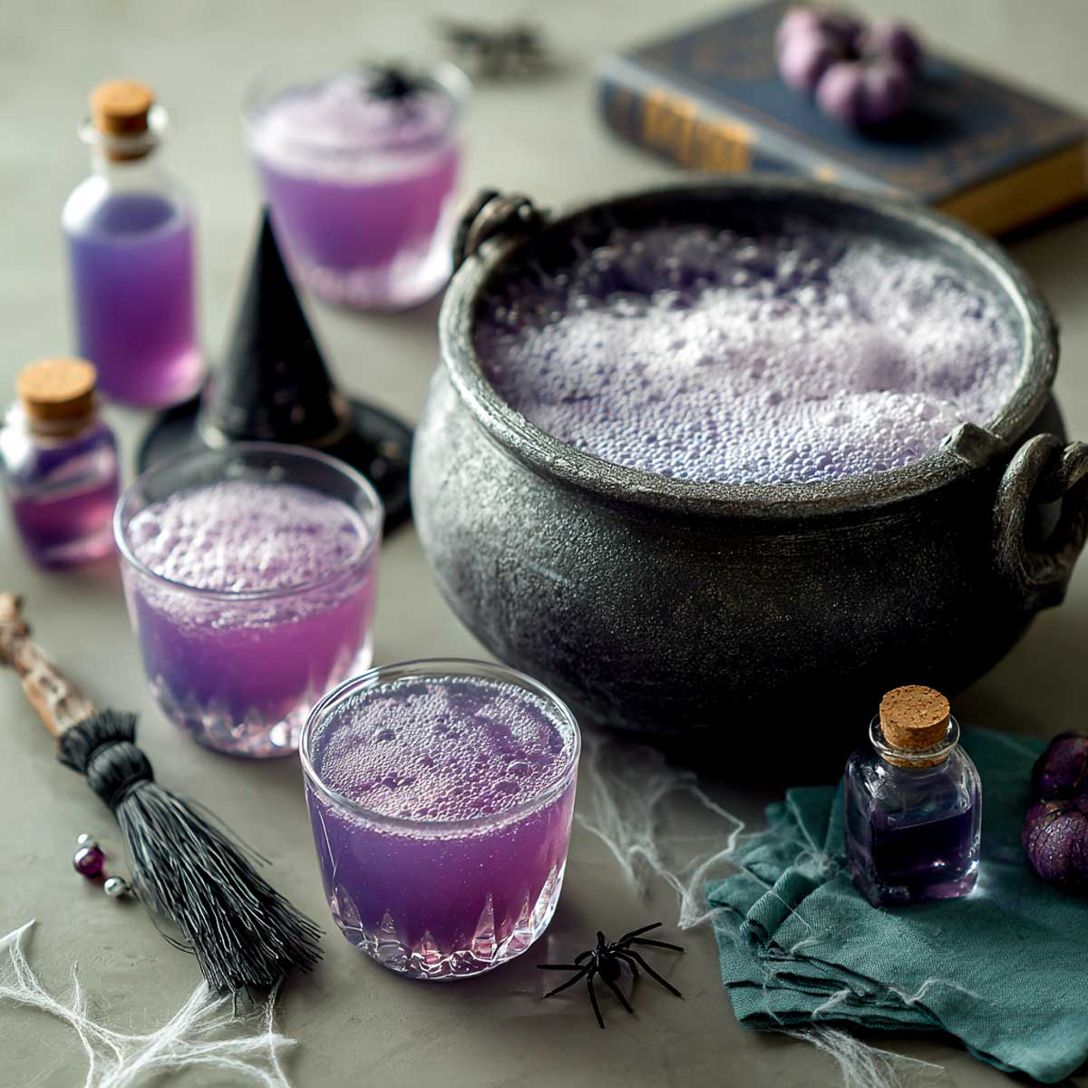 Bubbly purple Halloween punch served in a black cauldron with witchy props.