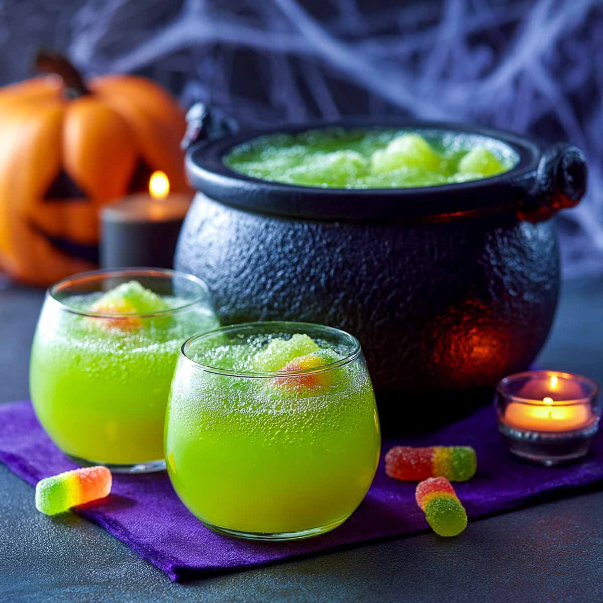 Halloween witches cauldron punch with lime sherbet, soda, and gummy worms.