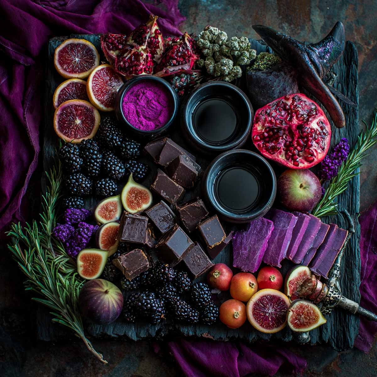 Dark and moody witch-themed Halloween grazing board with purple and black fruits, cheeses, chocolates, and a witch hat prop.