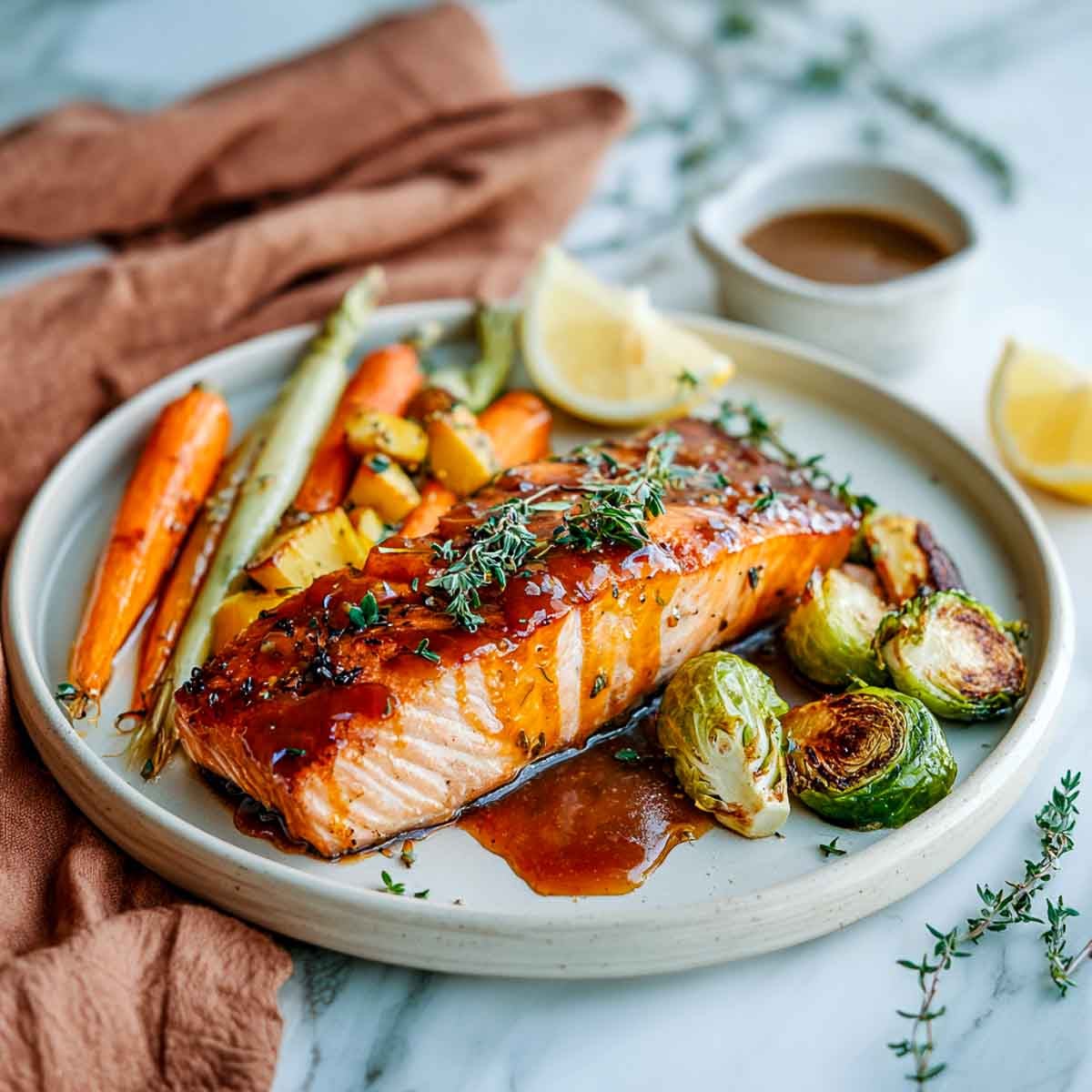 Glazed salmon fillet with roasted carrots, Brussels sprouts, and thyme.