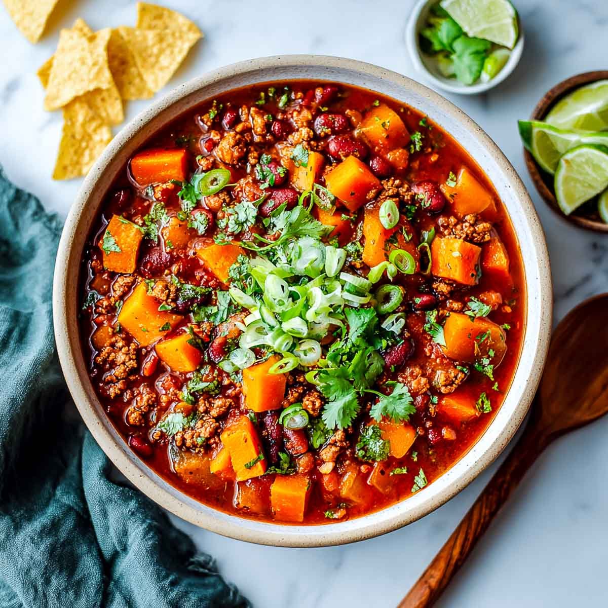 Hearty turkey chili with butternut squash, beans, and fresh herbs in a cream bowl.