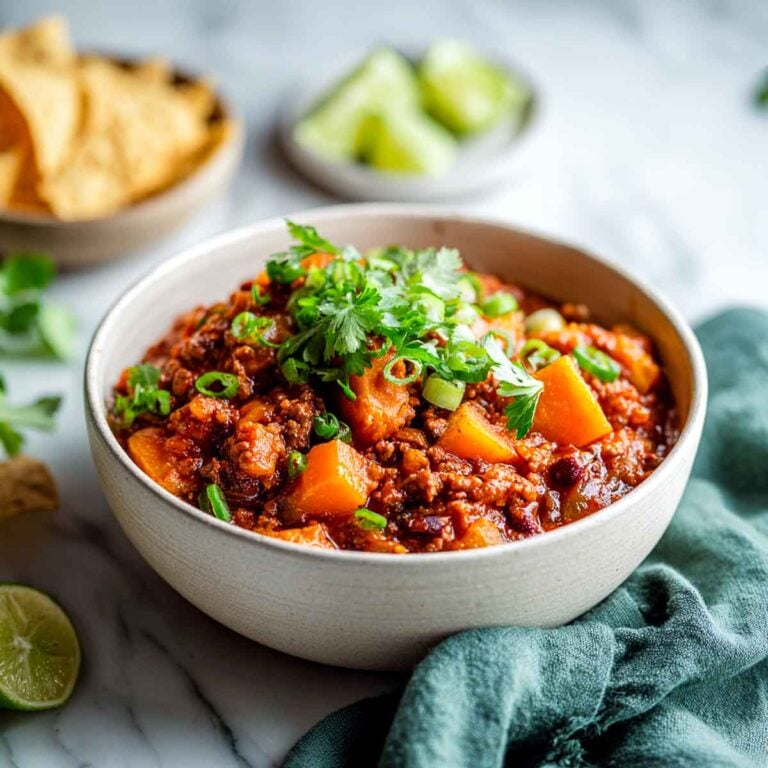 Hearty turkey chili with butternut squash, beans, and fresh herbs in a cream bowl.