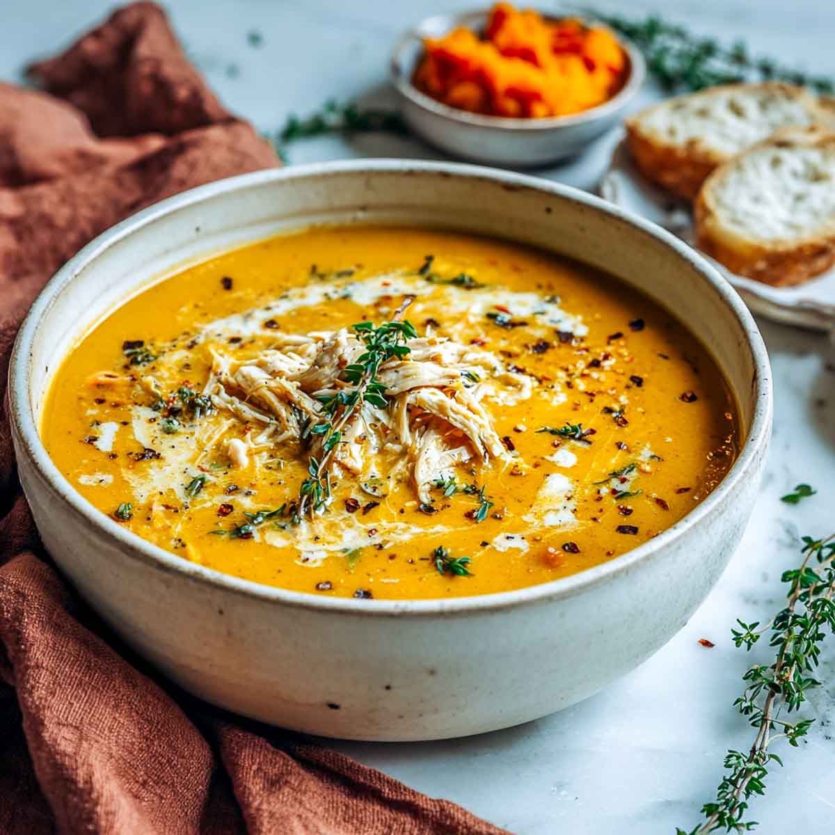 Creamy chicken and pumpkin soup topped with thyme and cream swirl.