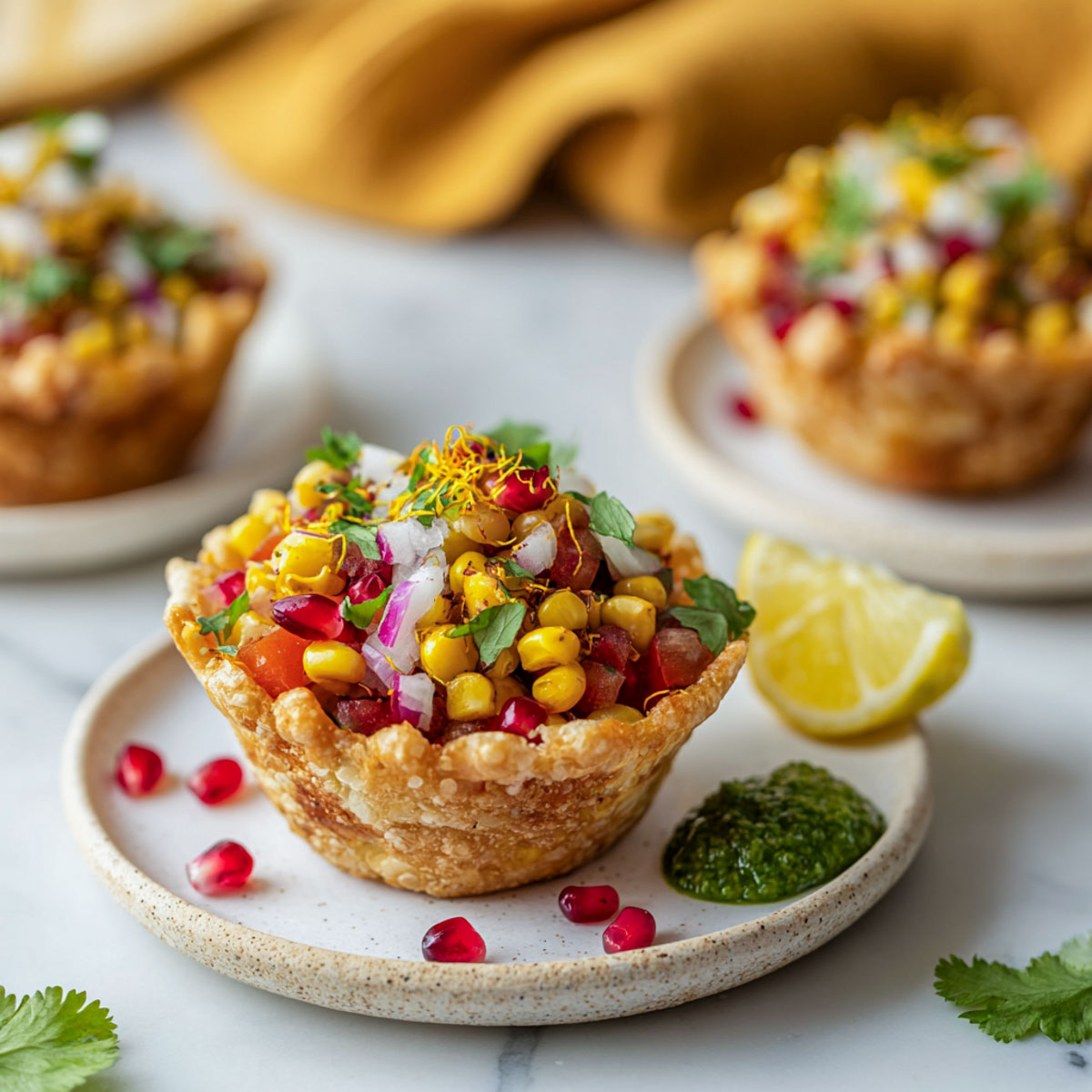 Corn chaat cup filled with corn, pomegranate, onions, and fresh herbs.