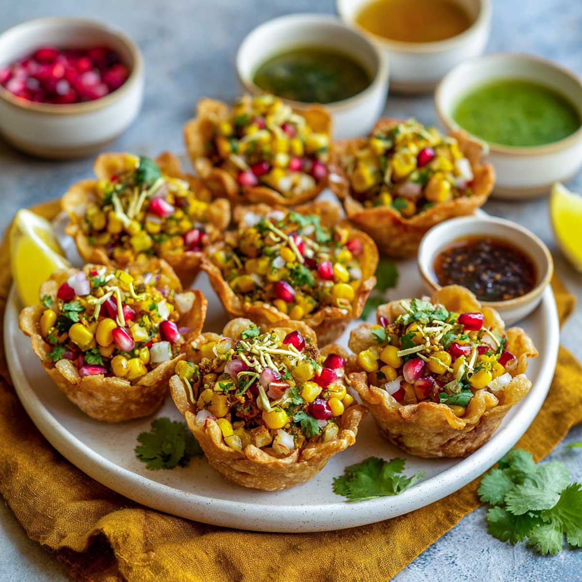 Platter of corn chaat cups topped with sev, onions, and chutneys.