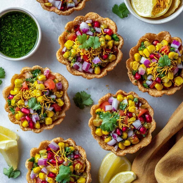 Colorful corn chaat cups arranged on a plate with pomegranate and sev.