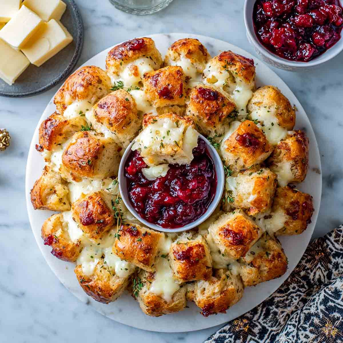 Golden pull-apart bread bites stuffed with brie and served with cranberry sauce in the center.