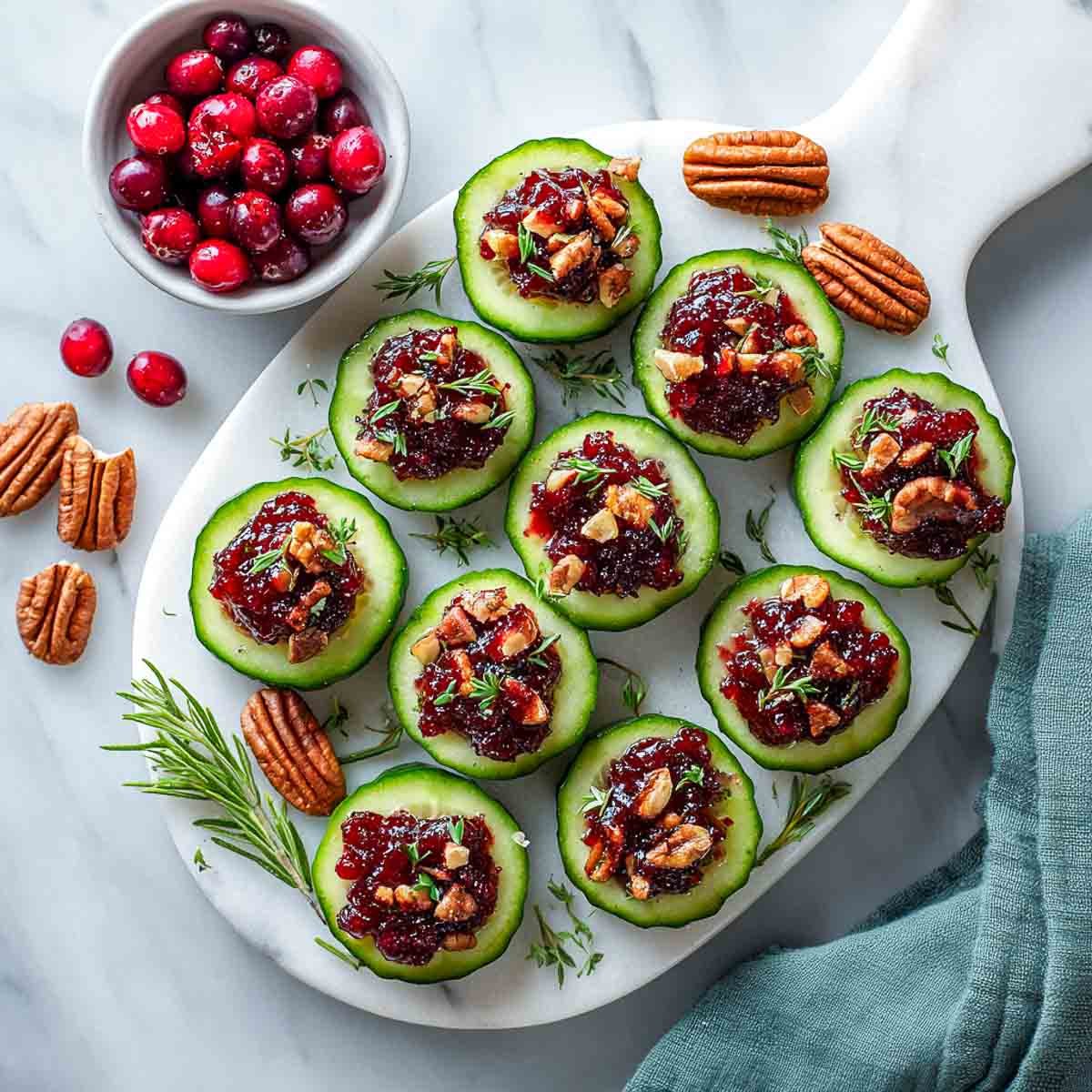 Cucumber slices topped with cranberry sauce and chopped pecans on a white platter.
