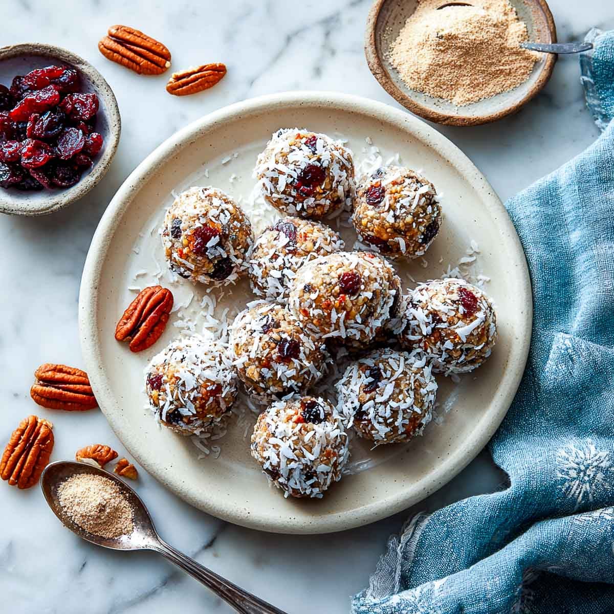 Cranberry pecan protein energy balls coated in coconut on a cream plate.