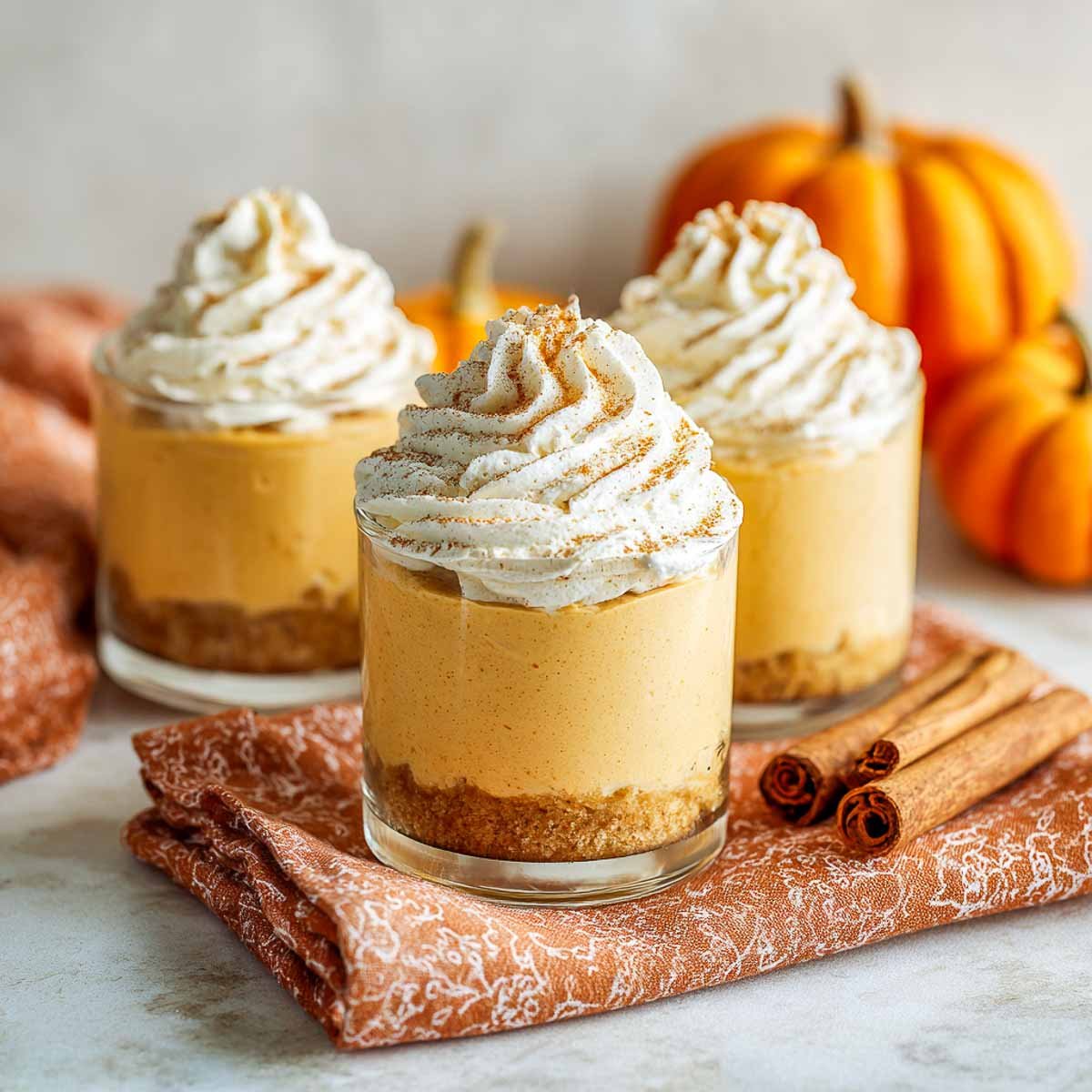 Dairy-free pumpkin mousse cups topped with coconut whipped cream and a sprinkle of cinnamon, served in glass cups with a cookie crumb base.