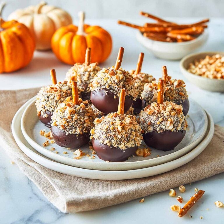 Gluten-free donut holes decorated as acorns, dipped in chocolate, rolled in nuts, and topped with pretzel stick stem.