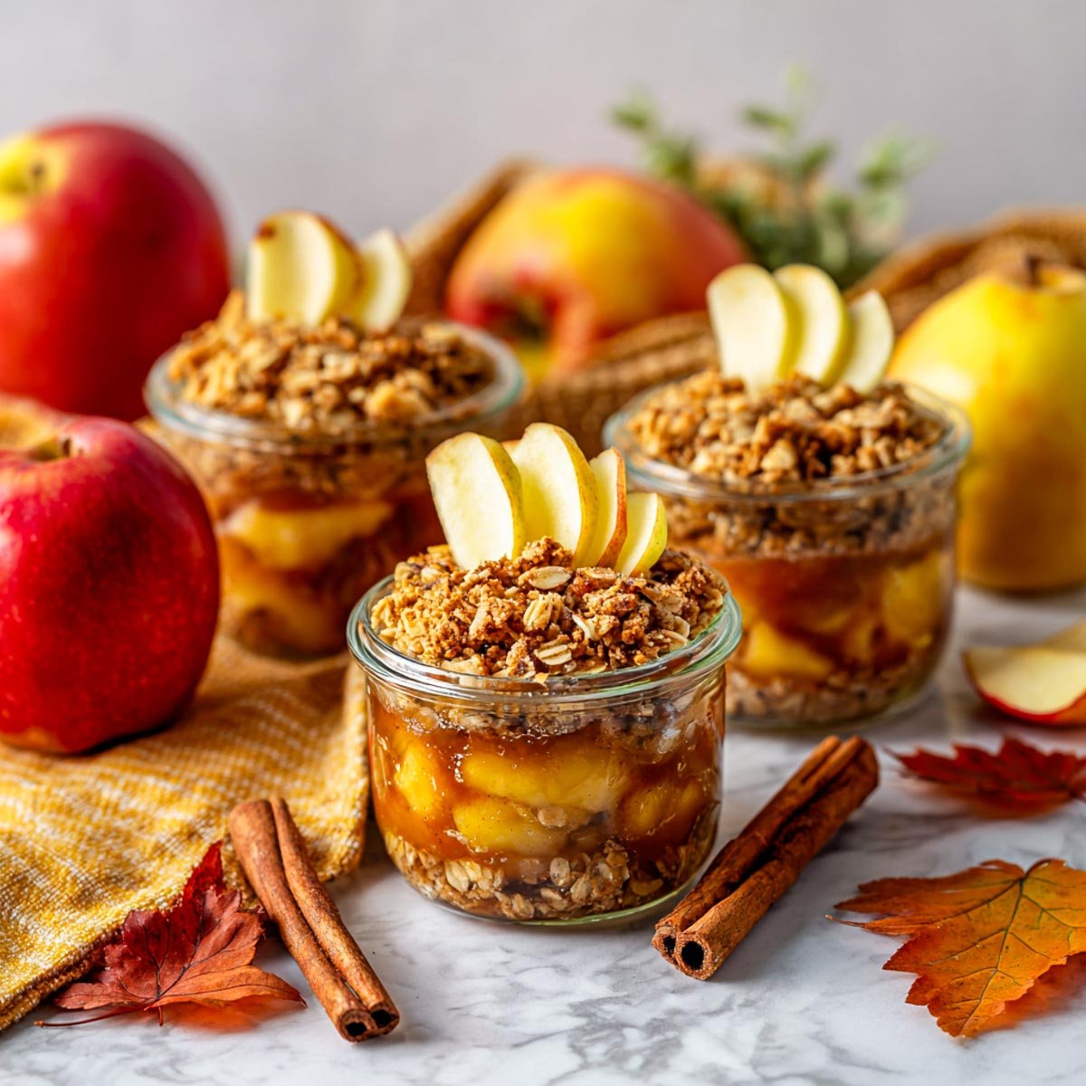 Mini glass jars of gluten-free caramel apple crisp topped with oat crumble, caramel drizzle, and apple slices.